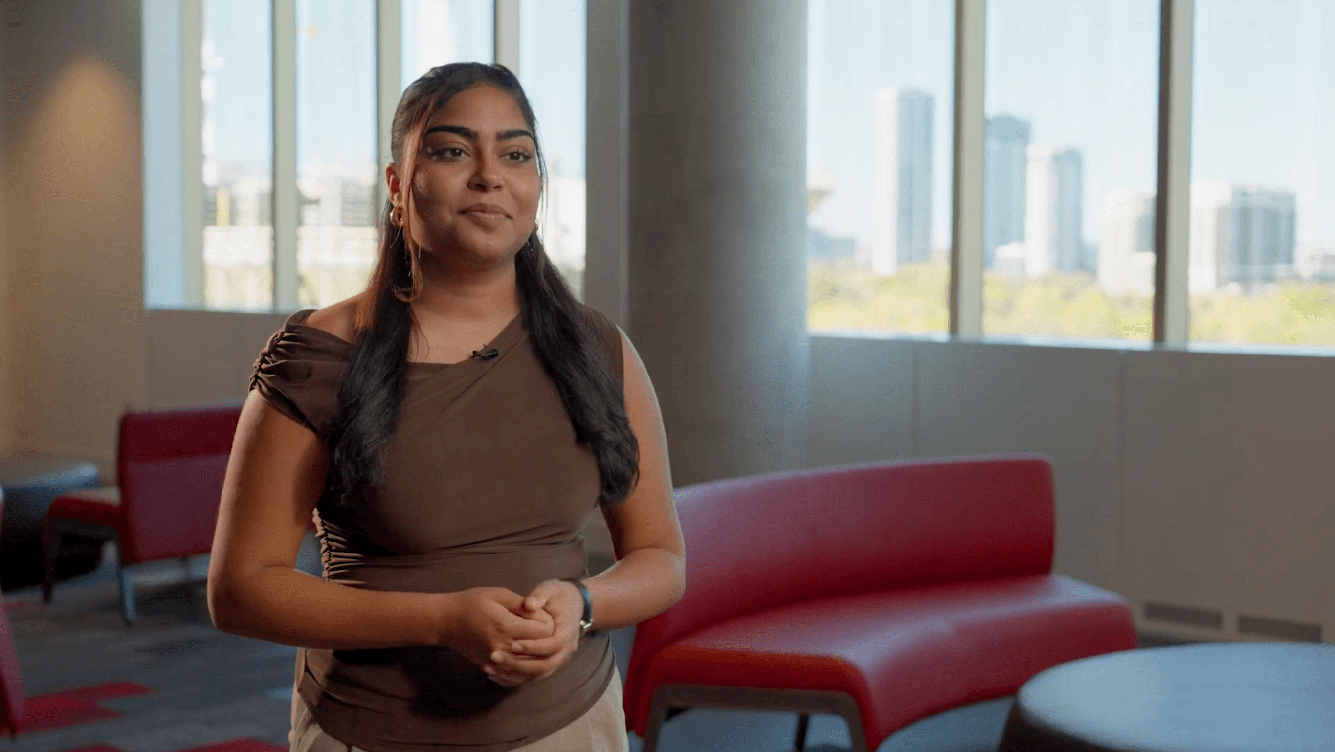 Gira Chawda speaking about Work Integrated Learning with Dean Jane Goodyear